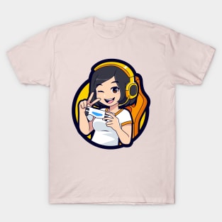 Cute Girl winking eye with headphones and showing victory T-Shirt